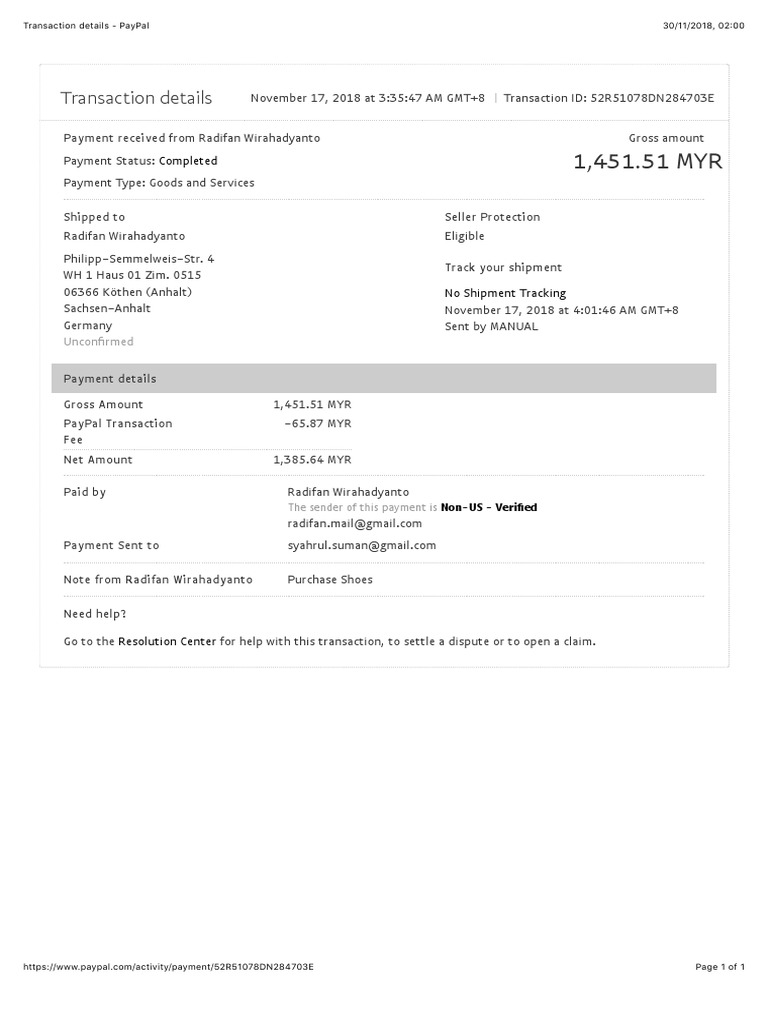 Transaction Details - PayPal | PDF