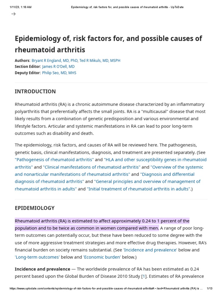 Epidemiology Of, Risk Factors For, and Possible Causes of Rheumatoid