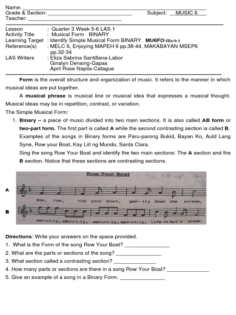 Music6 Q3 Week5 - 6 LAS1 | PDF | Language Arts & Discipline | Art