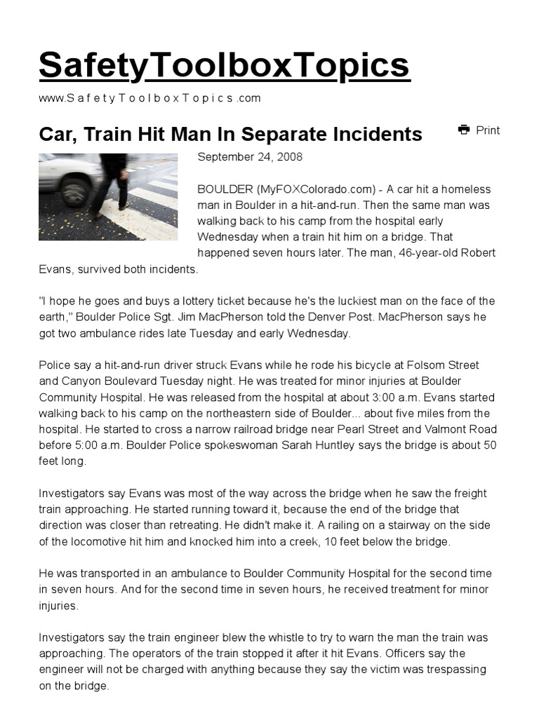 Car, Train Hit Man in Separate Incidents - Safety Toolbox Talks Meeting ...