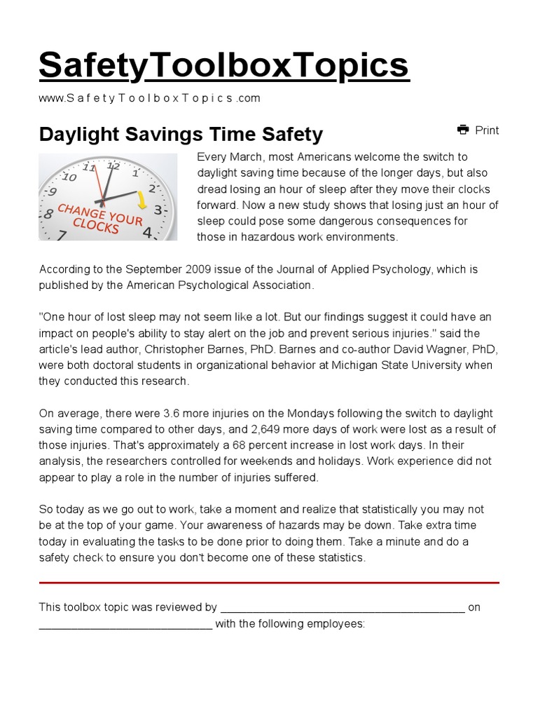 Daylight Savings Time Safety Safety Toolbox Talks Meeting Topics PDF