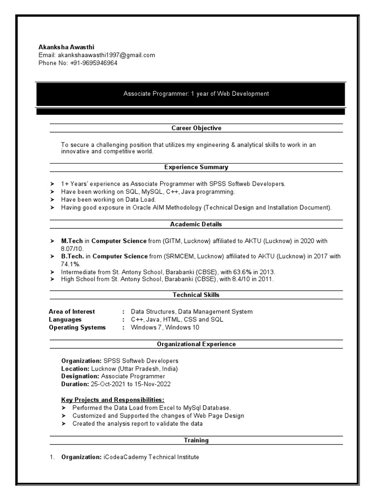 Akanksha Awasthi: Associate Programmer Profile | PDF | Java ...