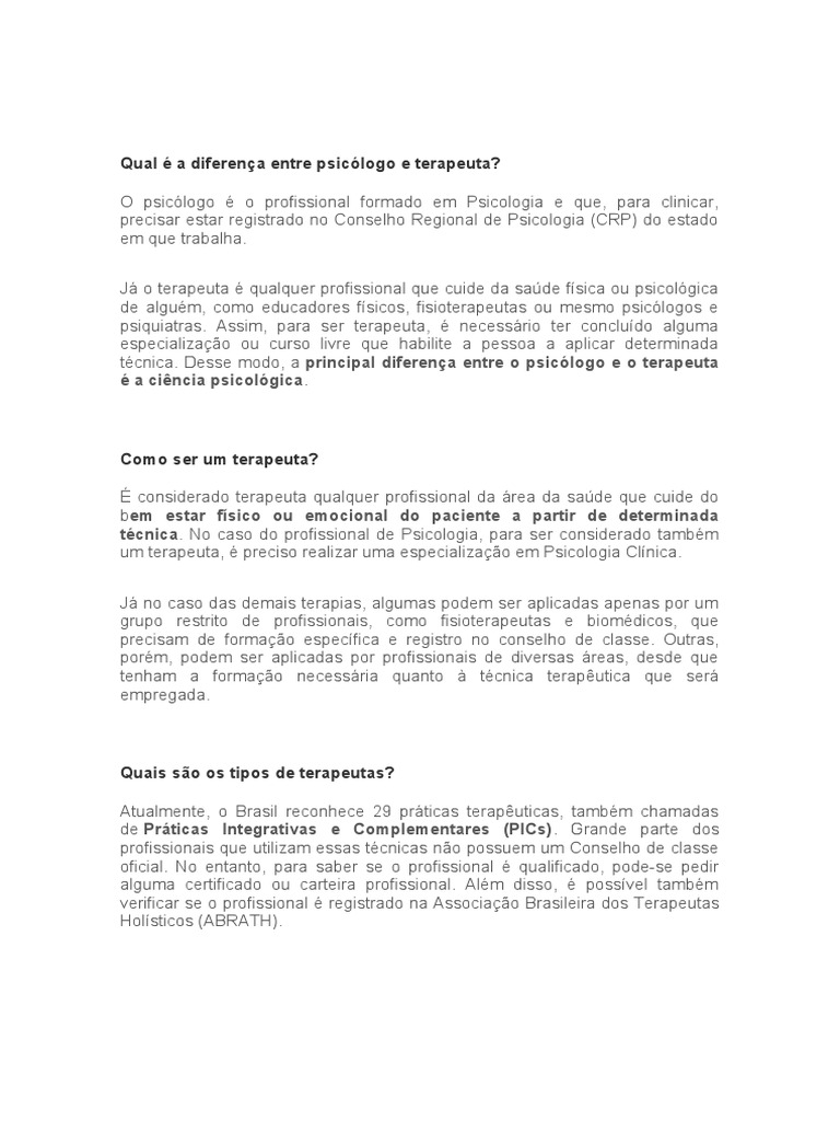 Qual É A Diferença Entre Psicólogo e Terapeuta | PDF