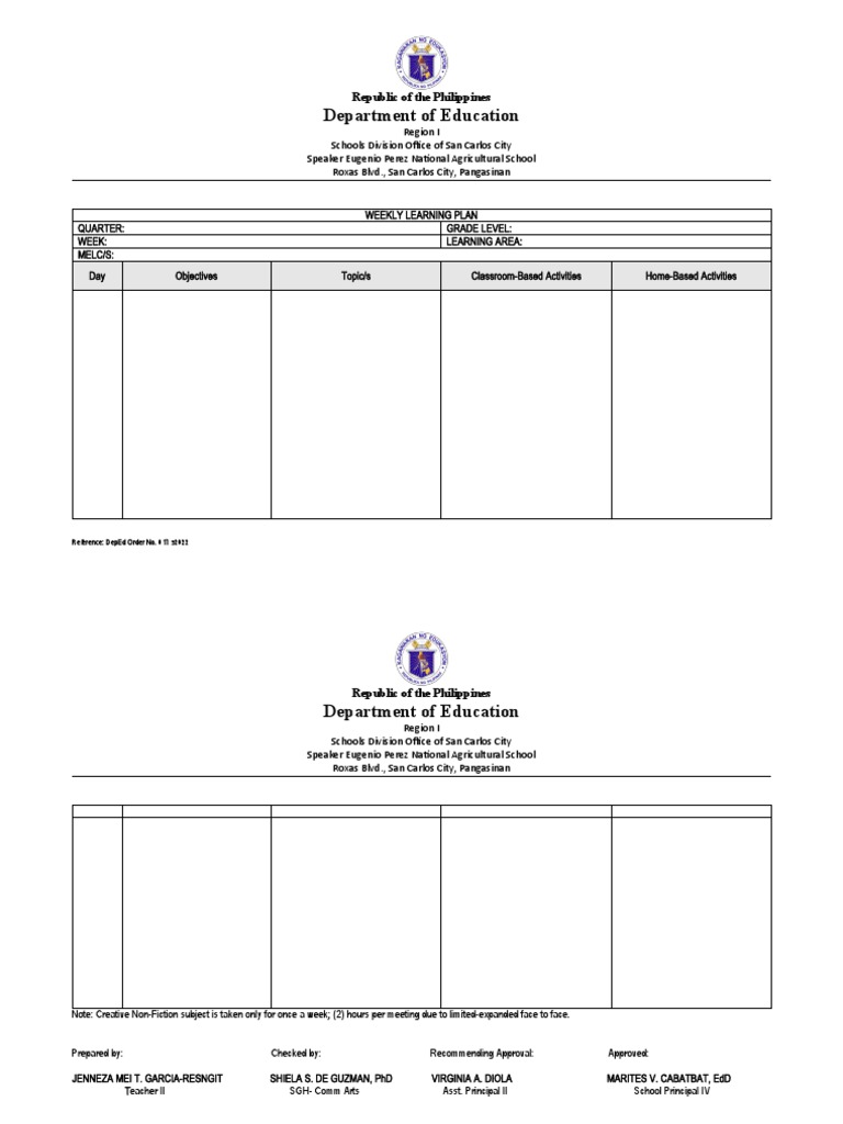 Weekly Learning Plan 2022 PDF