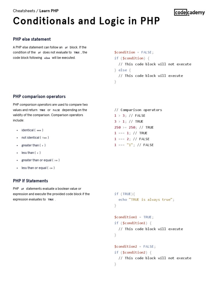 Learn PHP - Conditionals and Logic in PHP Cheatsheet - Codecademy | PDF ...