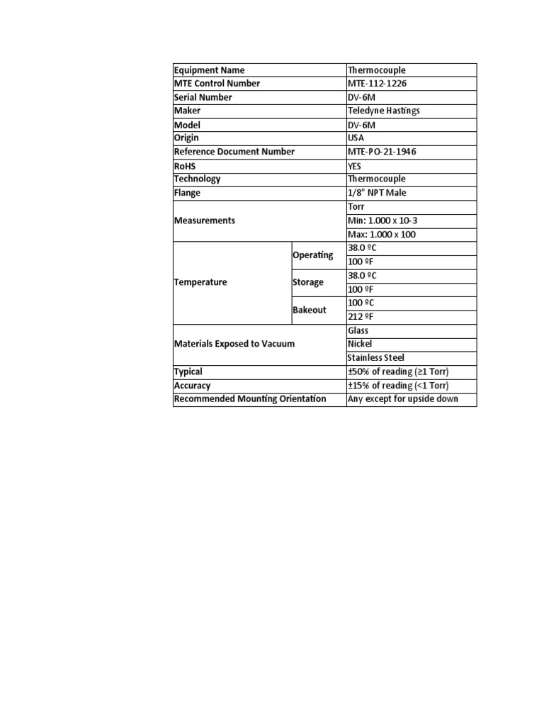Teledyne Hastings DV-6M Thermocouple | PDF