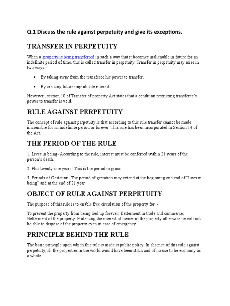 Transfer in Perpetuity Q.1 Discuss The Rule Against Perpetuity and