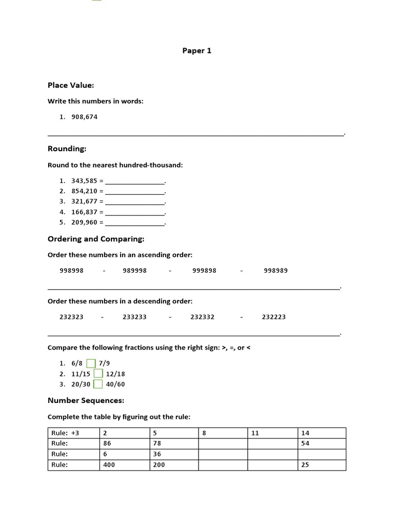 1st Term Exam Paper 1 Math PDF Numbers Arithmetic