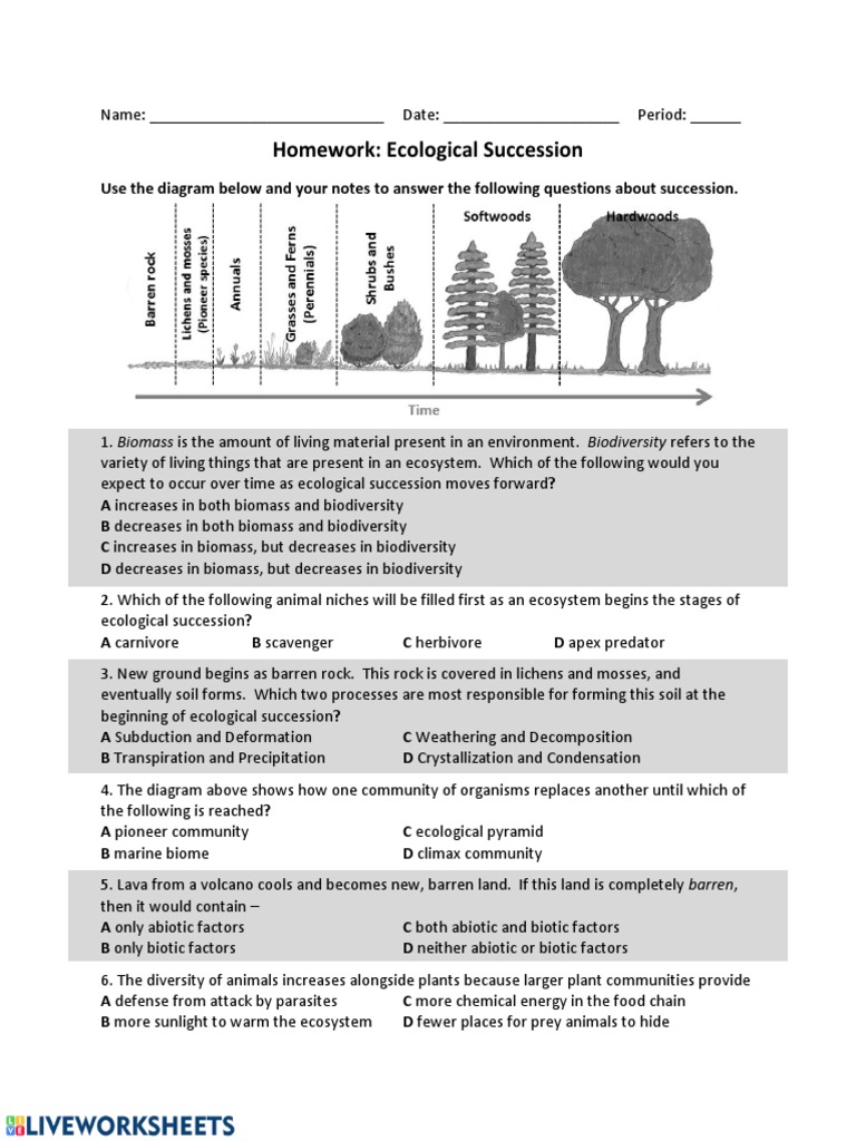 Ecological Succession 8th Live Worksheet PDF Ecology Ecosystem