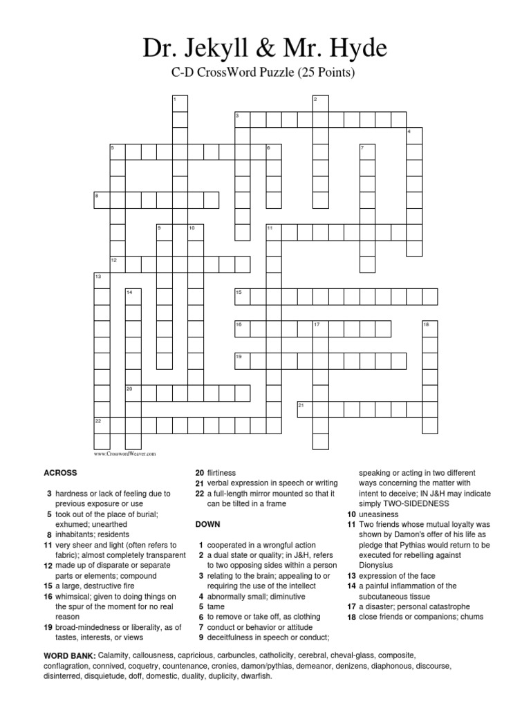 Dr. Jekyll & Mr. Hyde CD Crossword Puzzle (25 Points) PDF