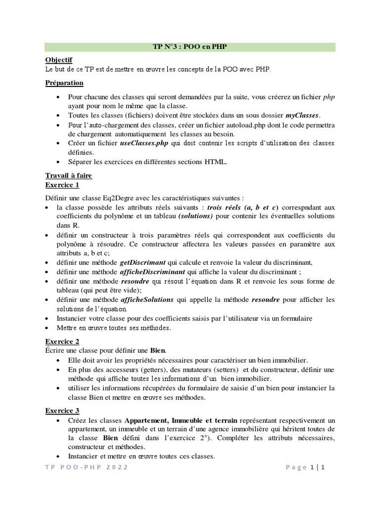 POO en PHP : TP N°3 - Classes et Héritage | PDF | PHP | Informatique