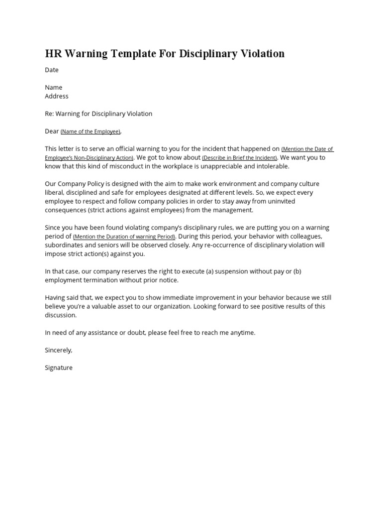 HR Warning Template For Disciplinary Violation PDF