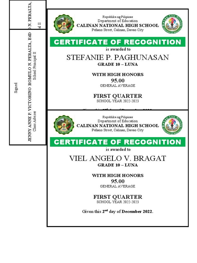 Certificate of Recognition for Honors Students | PDF