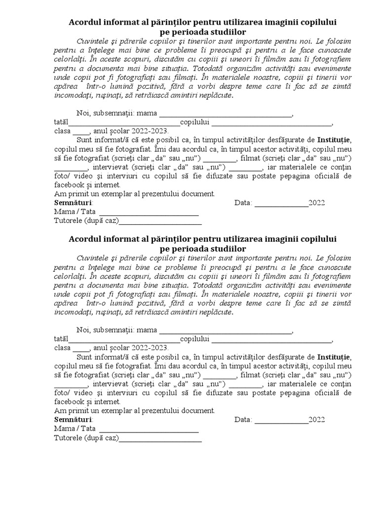Acordul Informat Al Părinților Pentru Utilizarea Imaginii Copilului | PDF