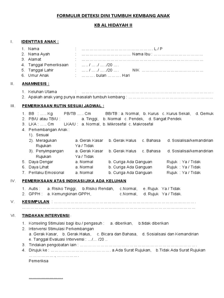 Formulir Deteksi Dini Tumbuh Kembang Anak Pdf