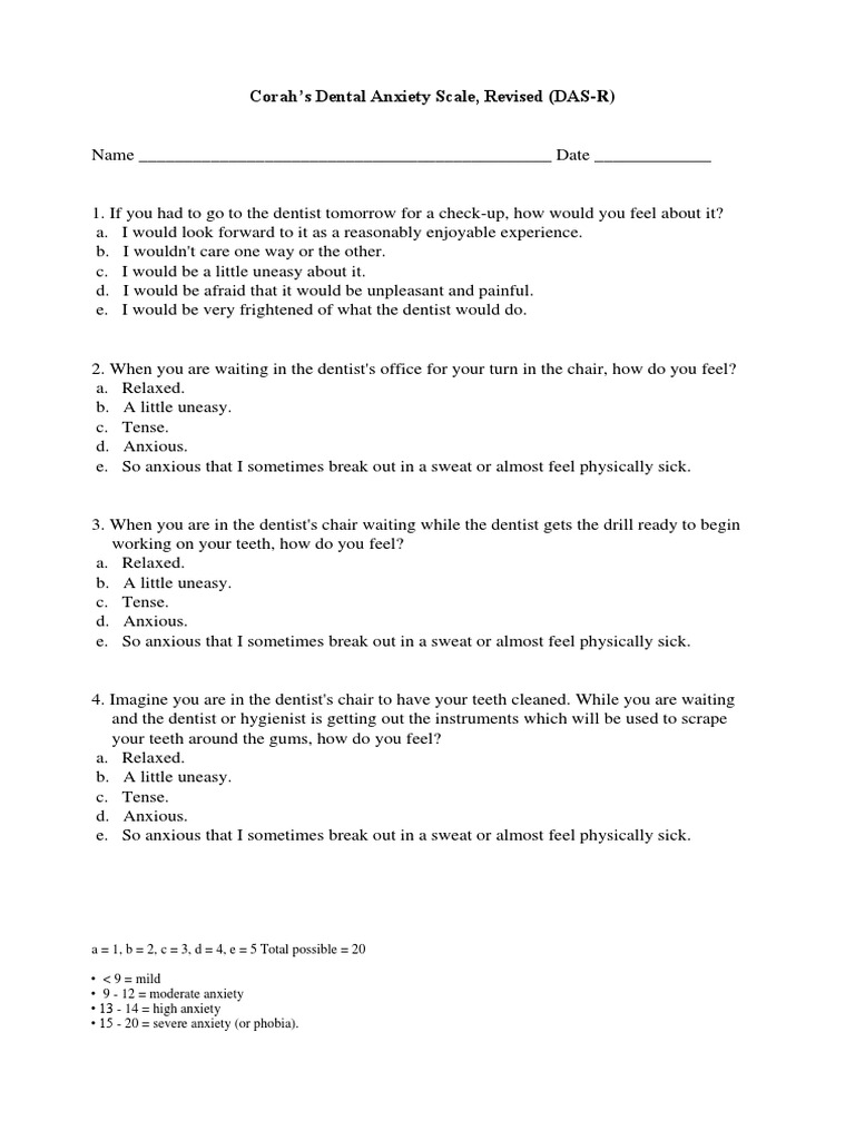 Corah's Dental Anxiety Scale Questionnaire | PDF