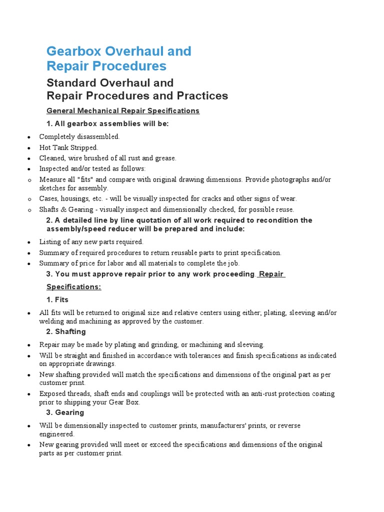 Gearbox Overhaul and Repair Procedure PDF Pipe (Fluid Conveyance
