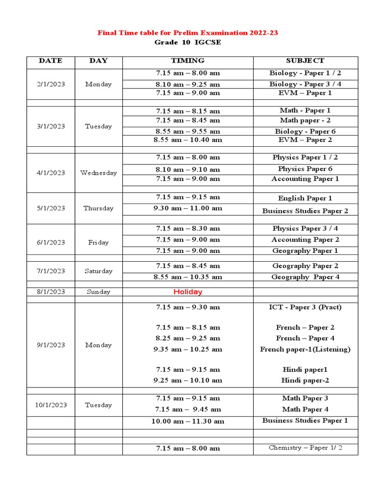 Final Grade 10 Timetable Prelim 2022 | PDF