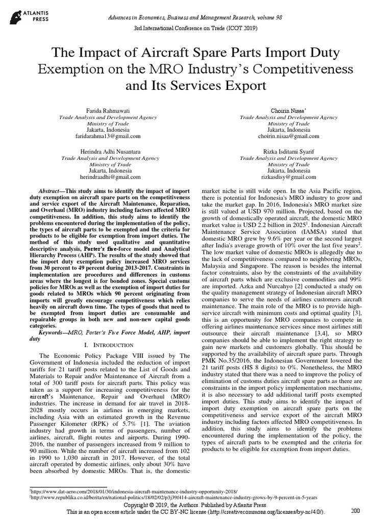 The Impact of Aircraft Spare Parts Import Duty Exemption On The MRO