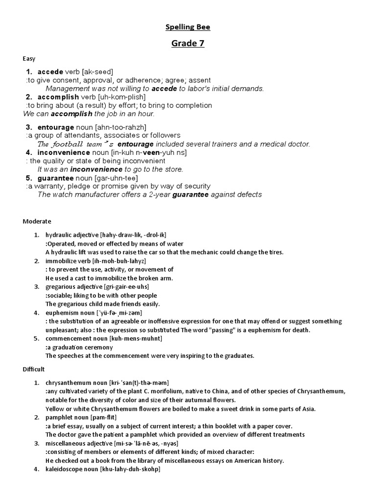 Spelling Bee Pdf Adjective