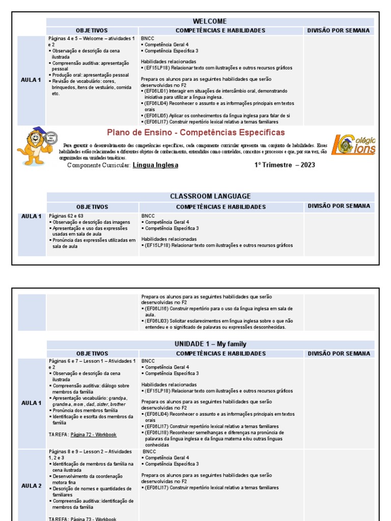 Plano de Aula: Inglês 1º ao 5º Ano | PDF | Língua materna | Escrita