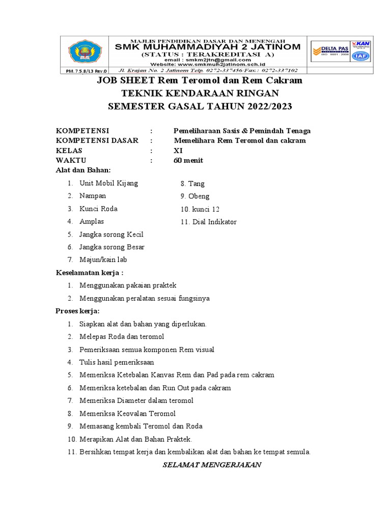 JOB SHEET Rem Teromol Dan Cakram UKK 2022 PDF