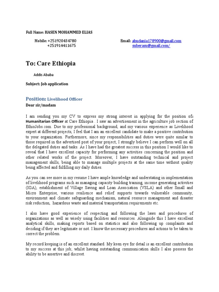 Applying Experience Hasen Mohammed's Cover Letter and CV for the