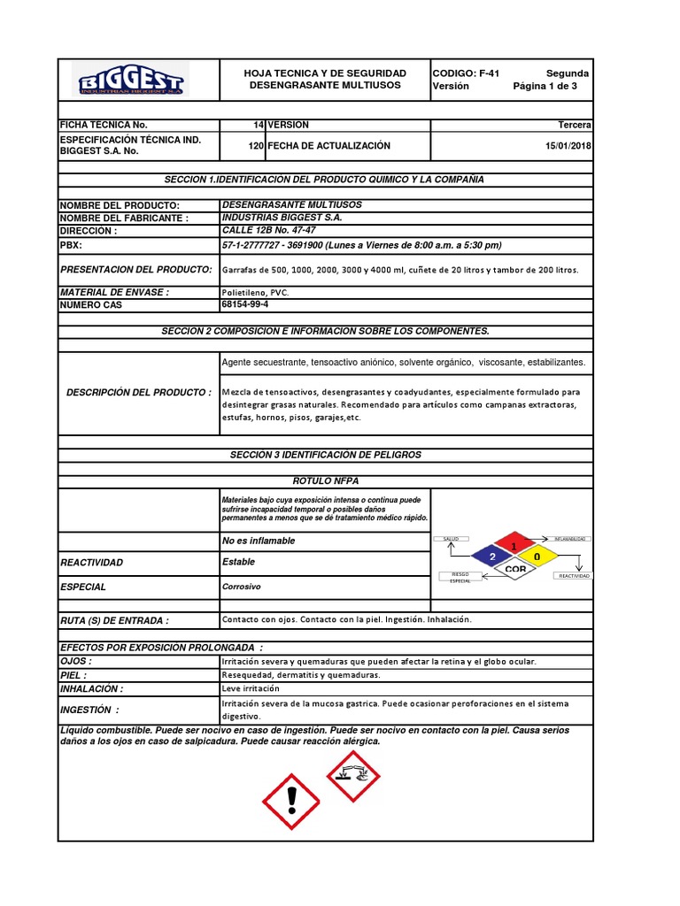 Hojas de Seguridad Desengrasante PDF Agua Quemar