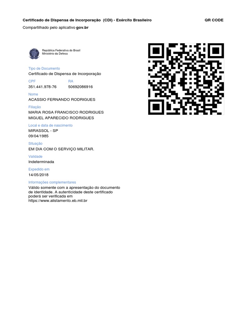 Certificado de Dispensa de Incorporação (CDI) - Exército Brasileiro QR ...