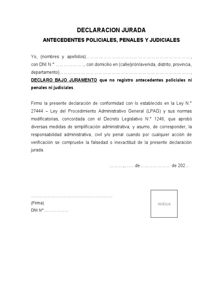 Declaración Jurada de No Tener Antecedentes Penales Ni Judiciales | PDF