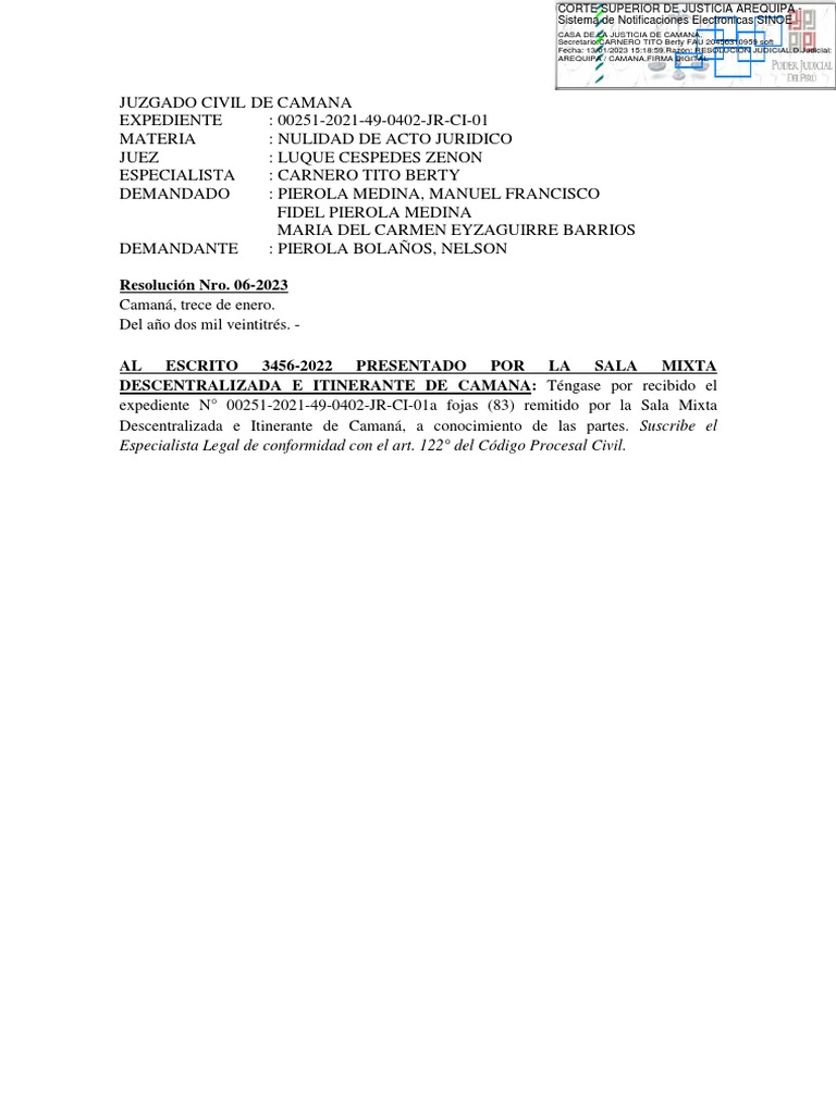 Exp. 00251-2021-49-0402-JR-CI-01 - Resolución - 00138-2023 | PDF