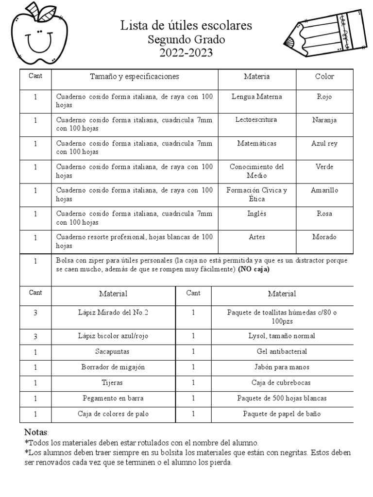 Lista Útiles Escolares 2do Grado 2022-2023 | PDF | Qualia | Percepción ...