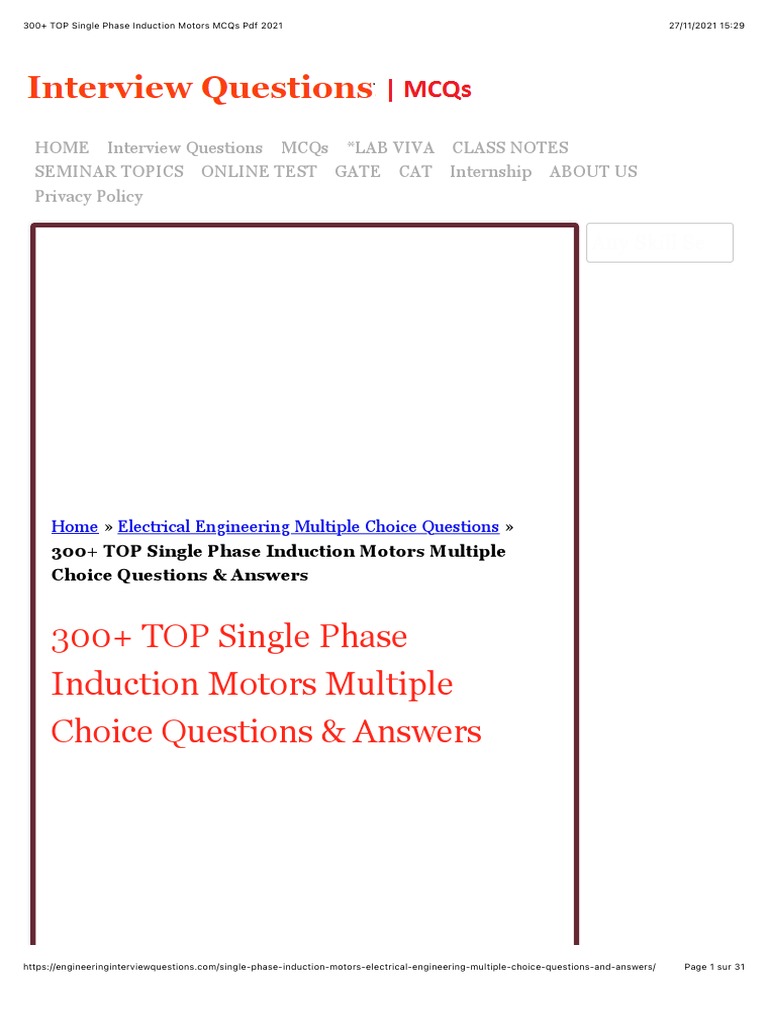 300+ TOP Single Phase Induction Motors MCQs PDF 2021 PDF Electric
