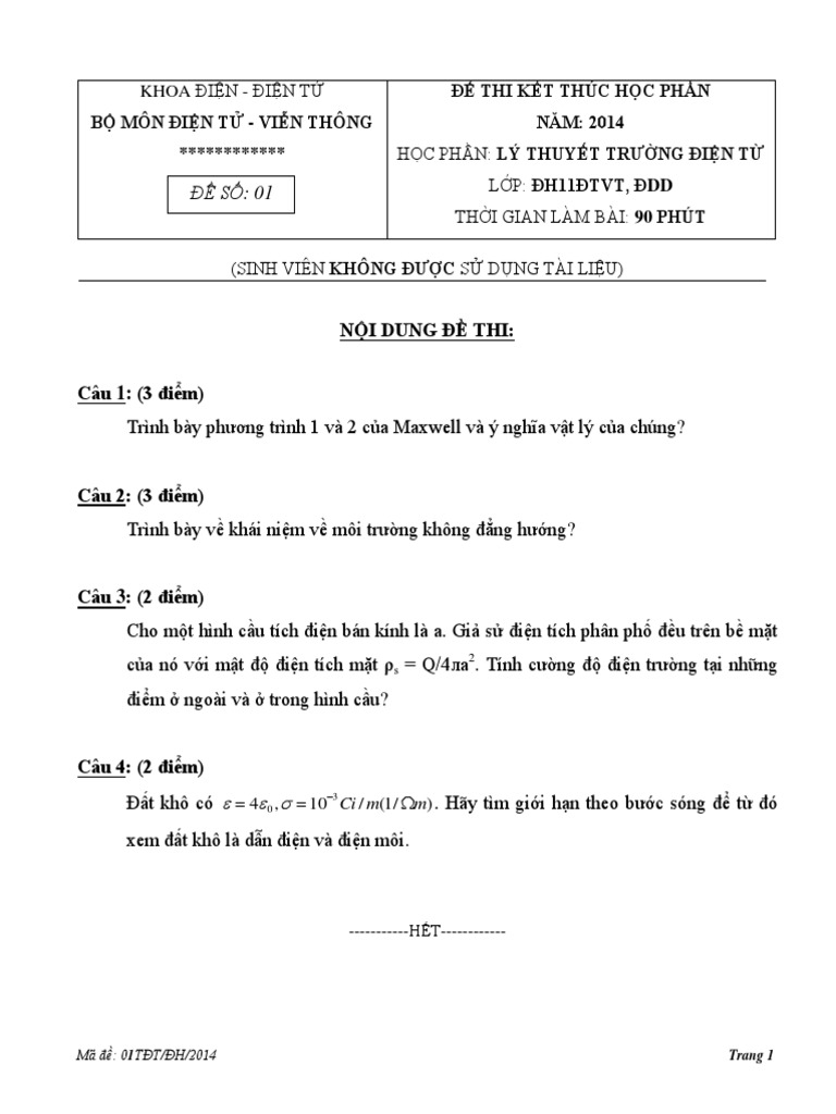 De Thi Va Dap An Mon Ly Thuyet Truong Dien Tu | PDF