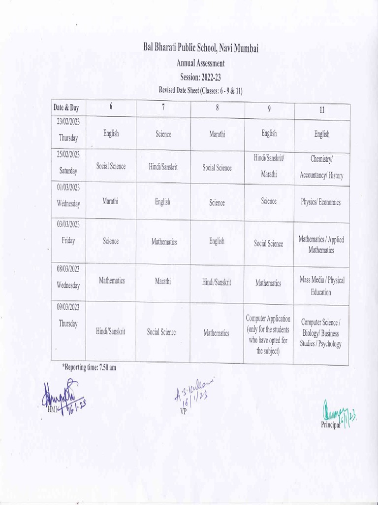 Revised Date Sheet - Classes 6 9 and 11 - Annual Assessment - 2022 23 | PDF