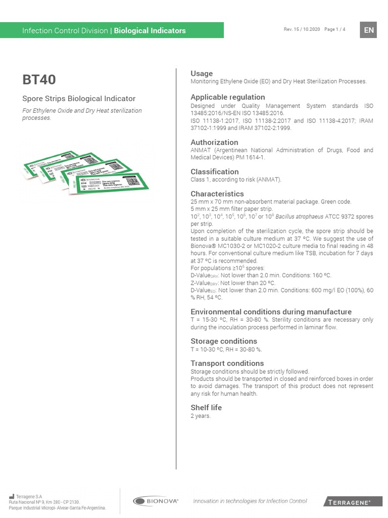 Product Description - BT40 Rev.15 | PDF | Sterilization (Microbiology ...