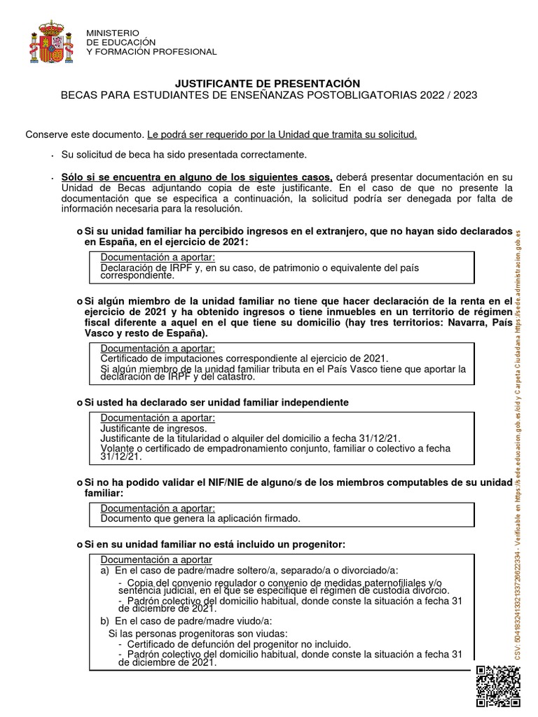 Becas para Estudiantes de Enseñanzas Postobligatorias 2022 / 2023 | PDF