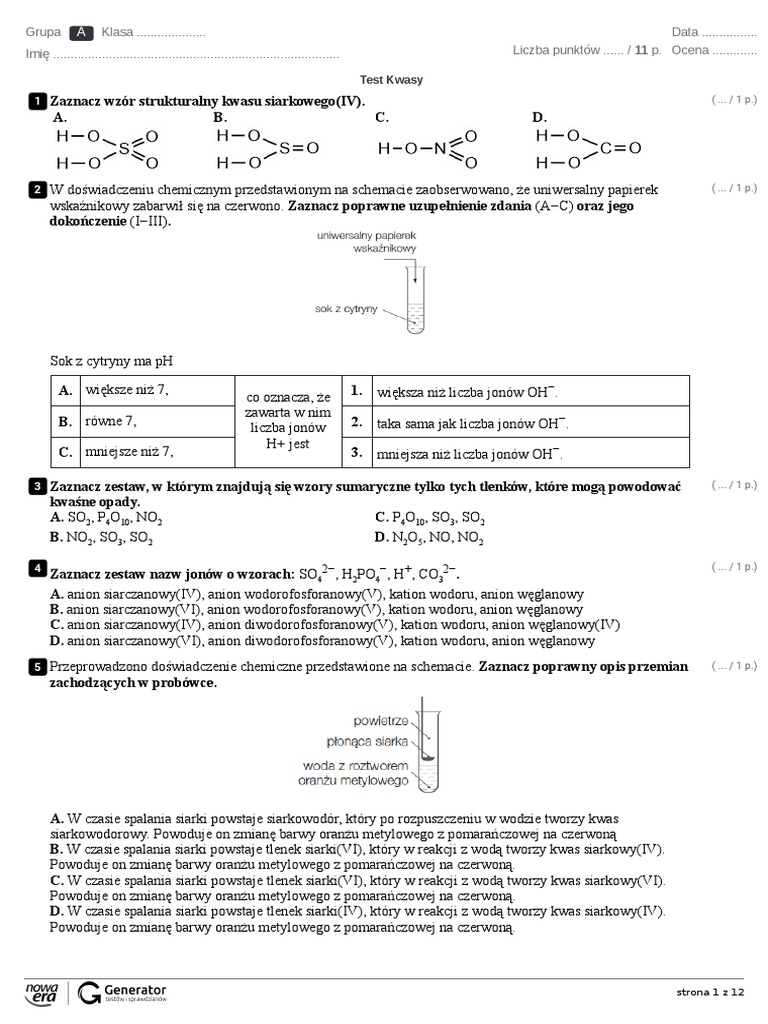 Chemia Nowej Ery 2 Test Kwasy Test Kwasy Test - Ekowydruk (1) | PDF