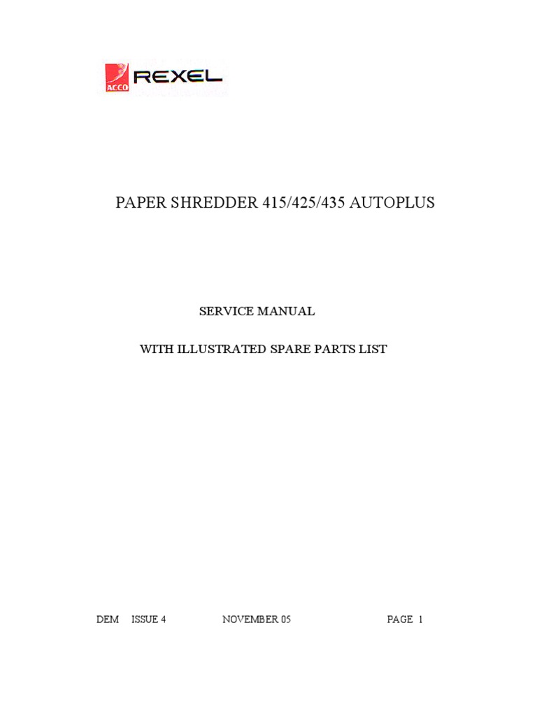 Service and Parts Manual Rexel Shredder 415-425-432 Autoplus | PDF | Belt  (Mechanical) | Electrical Connector