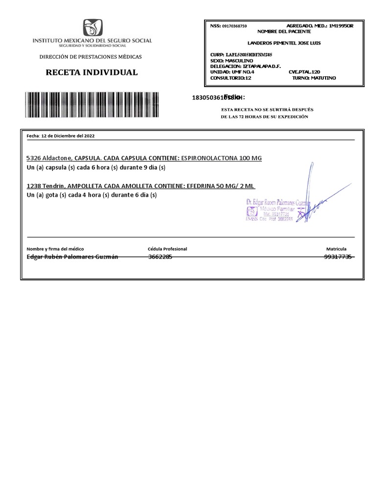 Espironolactona y Tendrin: Prescripción Médica | PDF