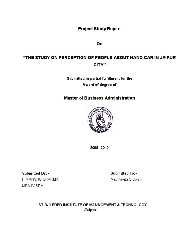 Project Study Report: Submitted in Partial Fulfillment For The Award of ...