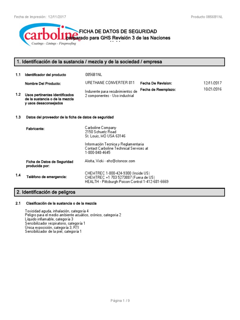 Urethane Converter 811 SDS Spanish 12112017 PDF Química Física