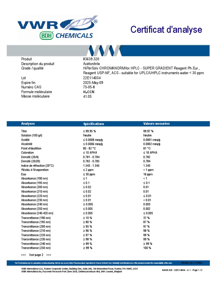 Certificat D’Analyse Acros Organics – UBBK