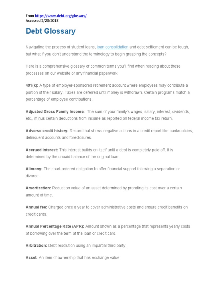 Debt Glossary | PDF | Loans | Debt