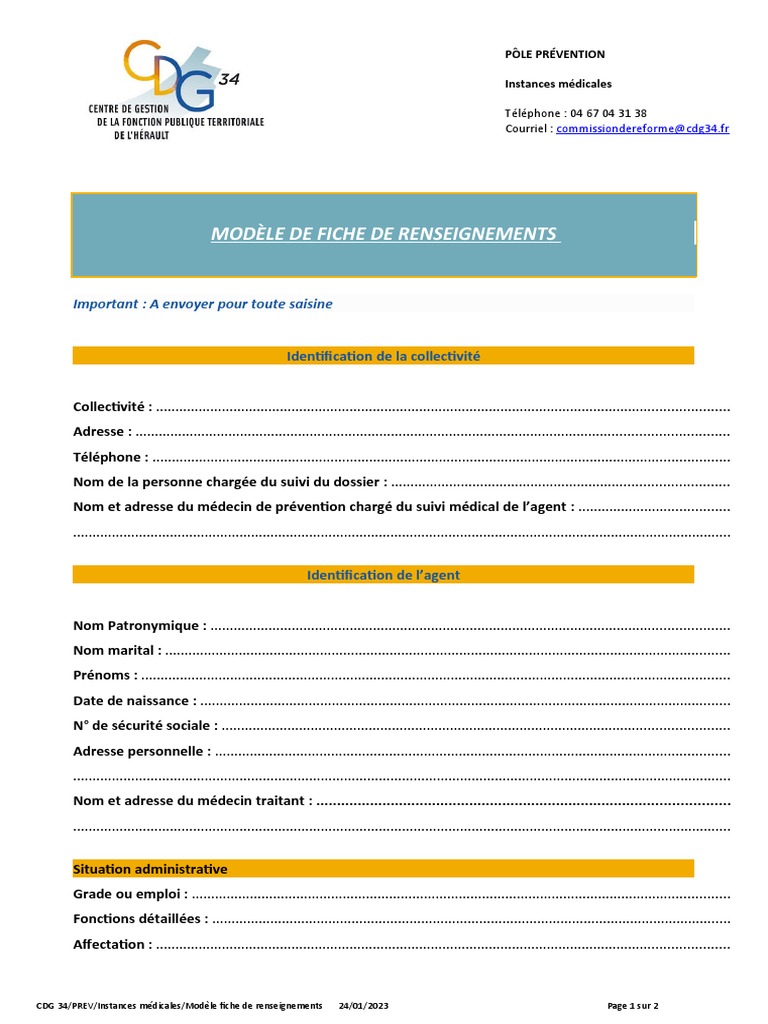 Modèle Fiche Renseignements Médicaux | PDF | Prophylaxie | Sciences de ...
