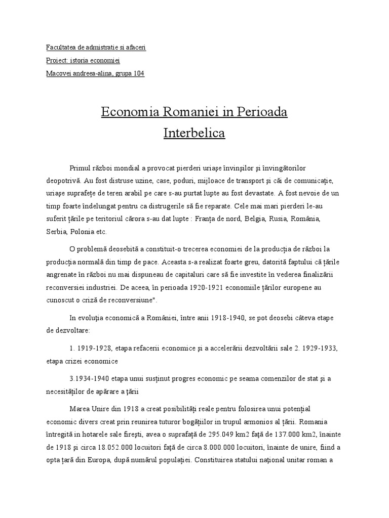 Economia Romaniei in Perioada Interbelica PDF