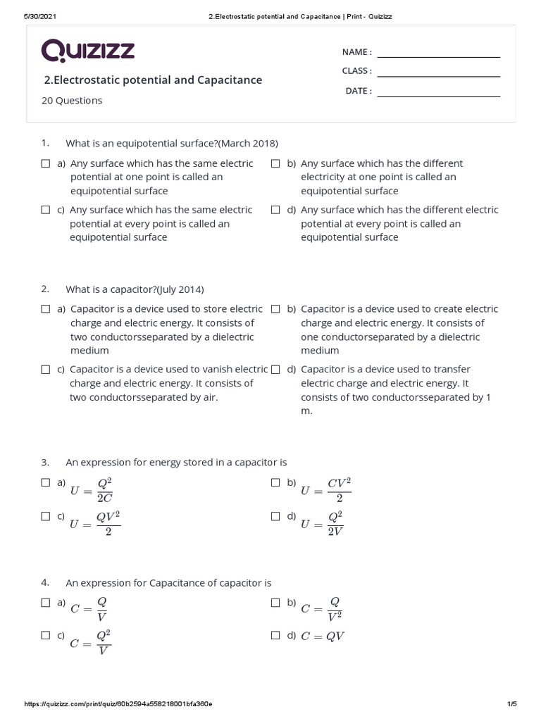 2.electrostatic Potential and Capacitance Print Quizizz PDF