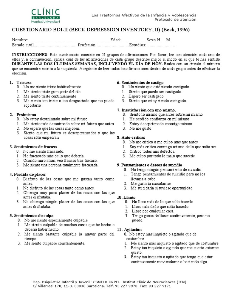 Bdi Ii | PDF | Depresión (estado de ánimo) | Sicología