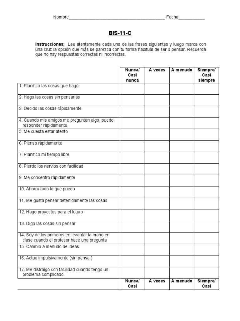 Test BIS-11 de Impulsividad Infantil | PDF