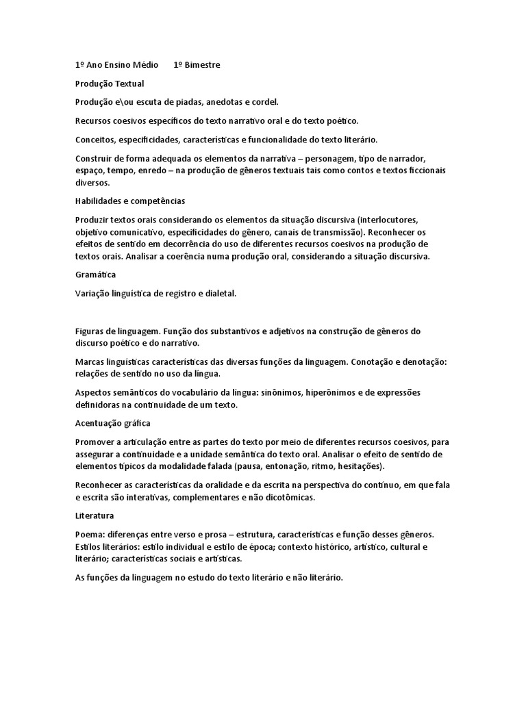 Conteúdo Português 1º Ano Ensino Médio | PDF | Assunto (gramática ...